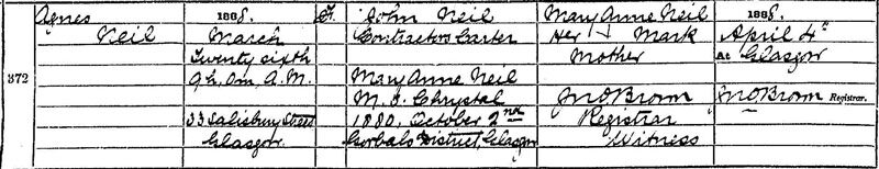 1888-03-26 BIR Agnes Neil child of John Neil and Mary Anne Chrystal [[N044-clip]]
