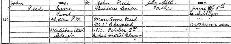 1890-06-01 BIR John Neil child of John Neil and Mary Anne Chrystal [[N045-clip]]