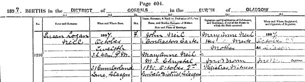 1897-10-12 BIR Susan Logan Neil  child of John Neil and Mary Anne Chrystal [[N049-clip]]