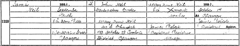 1883-09-10 BIR Sarah Neil child of John Neil and Mary Anne Chrystal - 146 Main Street - [[N102-clip]]
