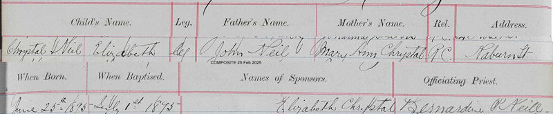 1895-06-25 BIR BAP Elizabeth Chrystal Neil  child of John Neil and Mary Anne Chrystal [[N147-clip]]