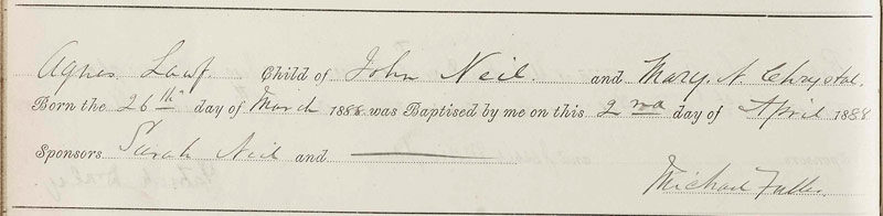 1888-03-26 BIR BAP Agnes Neil child of John Neil and Mary Anne Chrystal [[N167-clip]]