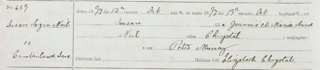 1897-10-12 BIR BAP  Susan Logan Neil  child of John Neil and Mary Anne Chrystal [[N176-clip]]