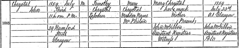 1859-07-03 BIR John Chrystal child of Timothy Chrystal + Mary McPhilan [[N232-clip]]