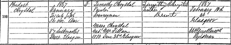 1867-01-26 BIR Bridget Chrystal child of Timothy Chrystal + Mary McPhilan -87 Saltmarket [[N233-clip]]