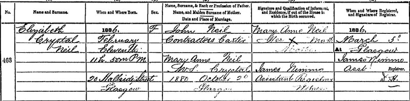1886-02-11 BIR Elizabeth Crystal Neil child of John Neil + Mary Anne Chrystal [[N236-clip]]