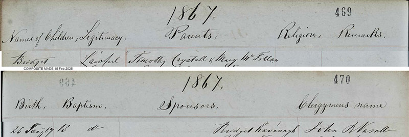 1867-01-25 BIR BAP Bridget Crystall child of Timothy Chrystal + Mary McFillan [[N358-clip]]
