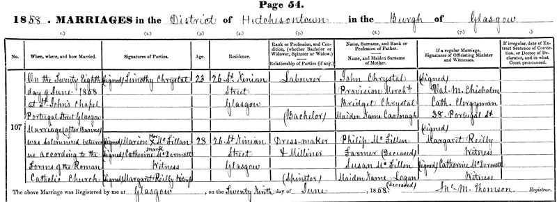 1858-06-28 MAR Timothy Chrystal + Marion McFillan