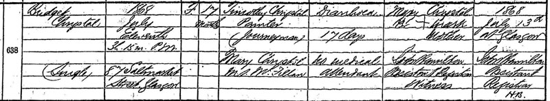 1868-07-11 DEA Bridget Chrystal child of Timothy Cristal and Mary McFillan [[N437-clip]]