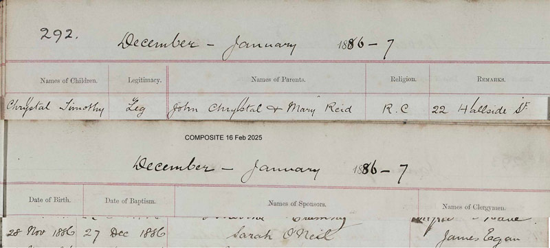1886-11-28 BIR BAP Timothy Chrystal child of John Chrystal & Mary Jane Reid [[N440-clip]]