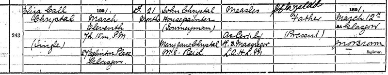 1891-03-11 DEA Eliza Caul Chrystal child of John Chrystal and Mary Jane Reid [[N441-clip]]