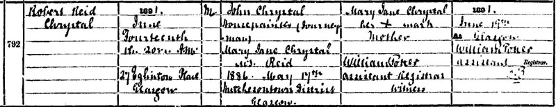 1891-06-14 BIR Robert Reid Chrystal child of John Chrystal and Mary Jane Reid