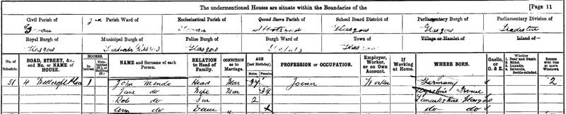 1901-03-31 CEN John Mende  + Mary Jane Harvey Reid or Mende 4 Wellcroft Place [[N446-clip]