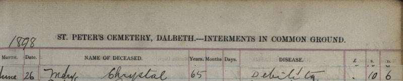 1898-06-26 BUR Mary Chrystal wife of Timothy  Chrystal [[N451-clip]]