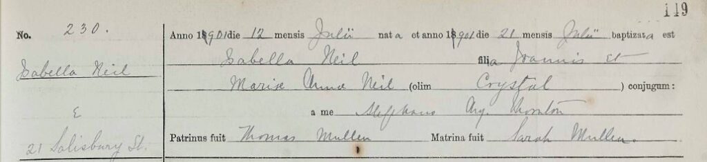 1901-07-12 BIR BAP Isabella Neil child of John Neil and Mary Anne Chrystal [[N178-clip]]
