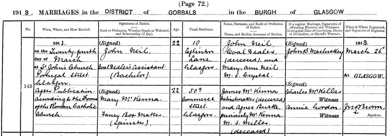 1913-03-24 MAR John Neil + Mary McKenna - 10 Eglinton Lane [[N046]]