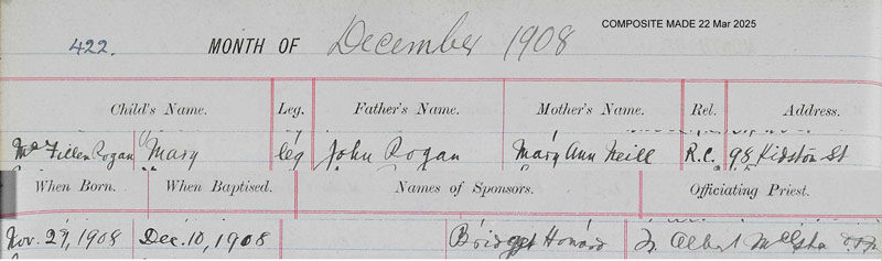 1908-11-27 BIR BAP Mary McFillan Rogan child of John Rogan and Mary Anne Neil [[N244]]