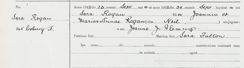 1912-09-22 BIR BAP Sara Rogan child of John Rogan and Mary Anne Neil [[N245]]