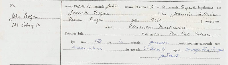 1911-07-13 BIR BAP John Rogan child of John Rogan and Mary Anne Neil [[N247]]