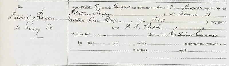 1916-08-08 BIR BAP Patrick Rogan child of John Rogan and Mary Anne Neil [[N248]]