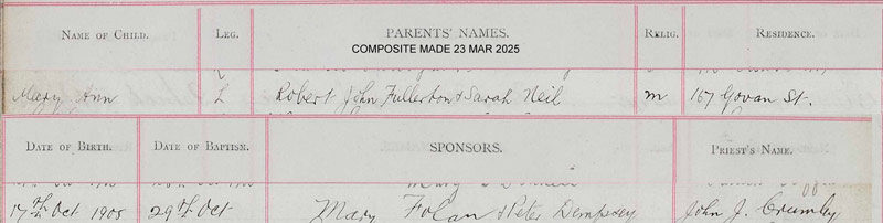 1905-10-17 BIR BAP Mary Ann Fullerton - 167 Govan Road [[N255]]