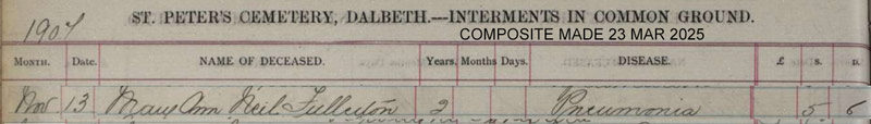1907-11-13 BUR Mary Ann Fullerton child of Robert J Fullerton + Sarah Neil [[N256]]
