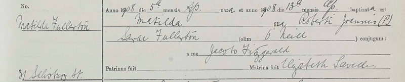 1908-04-05 BIR BAP Matilda Fullerton child of Robert J Fullerton + Sarah O'Neill [[N257]]