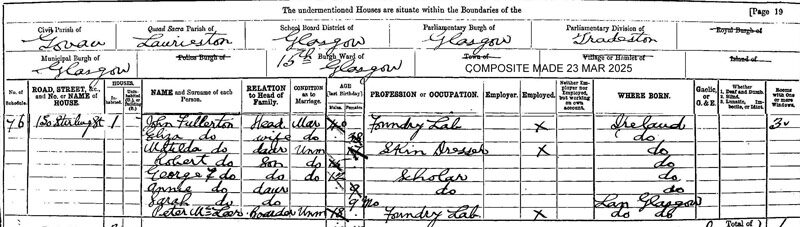1891-04-05 CEN John Fullerton + Eliza Ann Tolbert - 1 South Stirling Street, Glasgow [[N264a]]