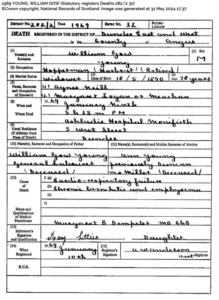 1939-01-09 DEA William Gow Young widower of Agnes Neill , Monifieth [[N338)]]