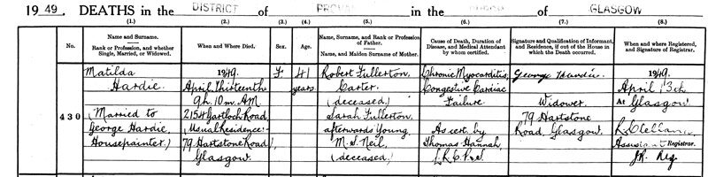1949-04-13 DEA Matilda Hardie of Fullerton wife of George Hardie 79 Hartstone Road, Glasgow [[N463]]