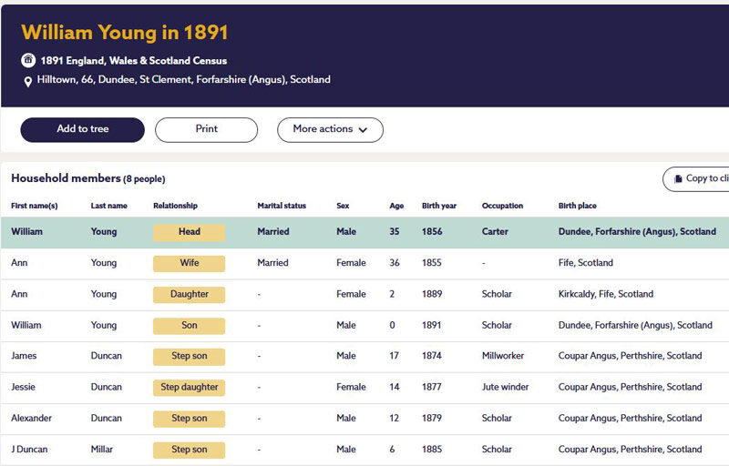 1891-04-05 CEN William Gow Young & Ann Miller 75 Hilltown, St Andrew, Dundee, Scotland [[N467]]