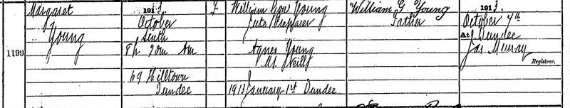 1913-10-06 BIR Margaret Young child of William Gow Young and Agnes Neill 69 Hilltown, Dundee [[N468]]