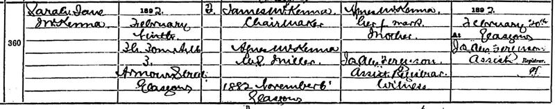 1892-02-09 BIR Sarah Jane McKenna child of James McKenna and Agnes Miller 3 Armour Street, Glasgow [[N478]]