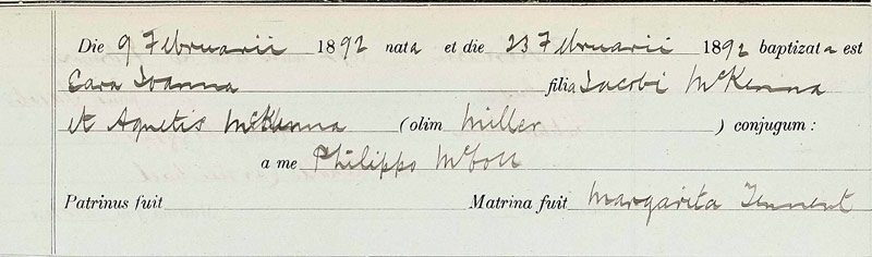 1892-02-09 BIR BAP Sarah Jane McKenna child of James McKenna and Agnes Miller 3 Armour Street, Glasgow [[N479]]