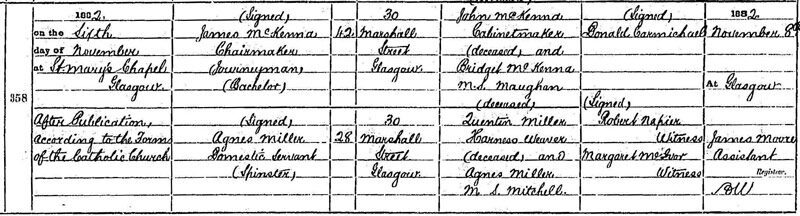 1882-11-06 MAR James McKenna + Agnes Miller 30 Marshall Street, Glasgow [[N480]]