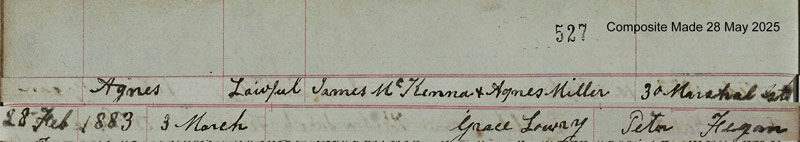 1883-02-28 BIR BAP Agnes McKenna child of James McKenna and Agnes Miller  30 Marshall Street, Glasgow [[N481]]