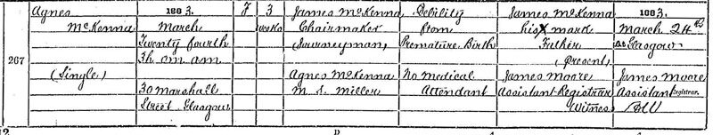 1883-03-24 DEA Agnes McKenna child of James McKenna and Agnes Miller  30 Marshall Street, Glasgow [[N482]]