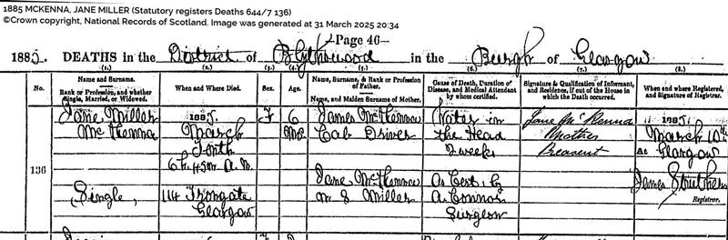 1885-03-10 DEA Jane Miller McKenna child of James McKenna and Agnes Miller  114 Trongate, Glasgow [[N483]]