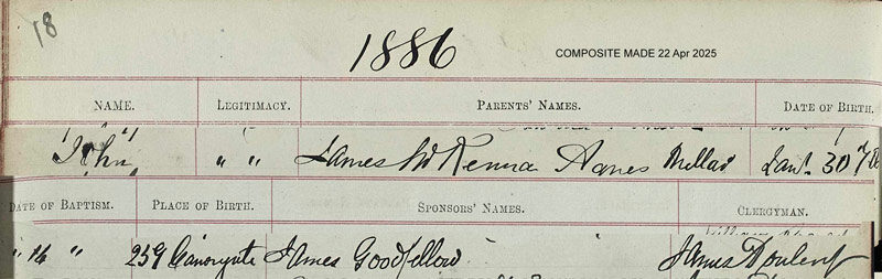 1888-12-20 BIR BAP  John McKenna  child of John McKenna + Agnes Millar 249 Canongate, Edinburgh [[N488]] 