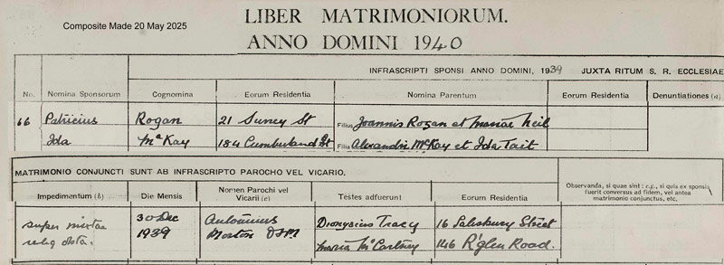 1939-12-30 MAR Patrick Rogan + Ida McKay, 21 Surrey Street [[N529]]
