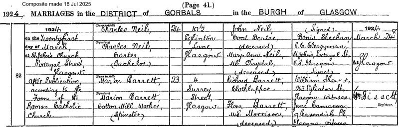 1924-03-21 MAR Charles Neil + Marion Barrett 10 1/2 Eglinton Lane [[N052-clip]]