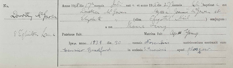 1915-07-17 BIR BAP Dorothy McGowan child of John McGowan + Elizabeth Chrystal Neil [[N271-clip]]