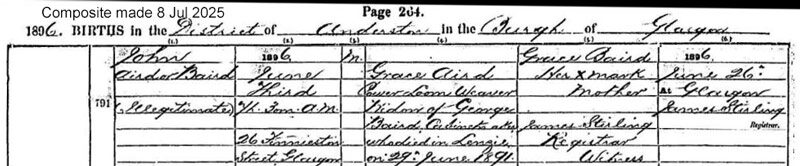 1896-06-03 BIR John Aird or Baird ill child of Grace Aird widow of george Baird [[N301-clip]]