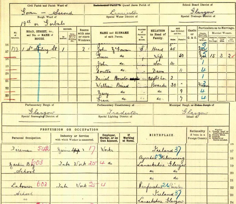1911-04-02 CEN John McGowan + Grace Aird or Baird - 1 South Stirling Street [[N302-clip]]