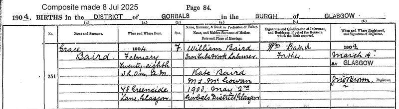 1904-02-28 BIR Grace Baird child of William Baird + Kate McGowan [[N305-clip]]