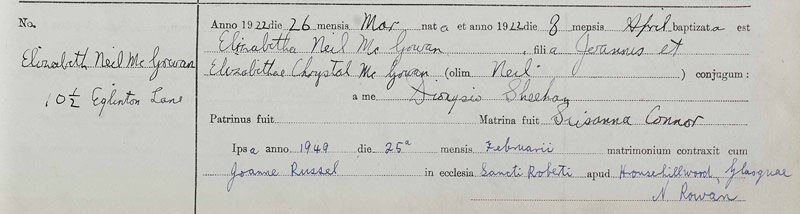 1922-03-26 BIR BAP Elizabeth Neil McGowan, child of John McGowan + Elizabeth Chrystal Neil [[N347-clip]]