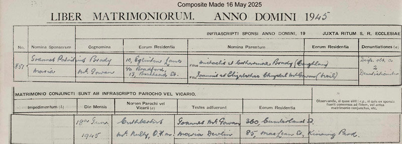 1945-06-18 MAR Mary McGowan + John Patrick Brady, Gorbals [[N350-clip]]