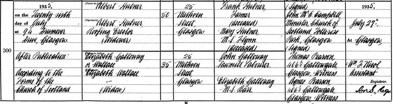 1935-07-26 MAR Albert Hubner + Elizabeth Galloway or Wallace, Shettleston [[N503-clip]]