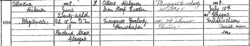 1918-06-28 BIR Albertina Hubener child of Albert Hubener + Margaret Docharty 19 Portland Street, St Rollox, Glasgow [[N504-clip]]