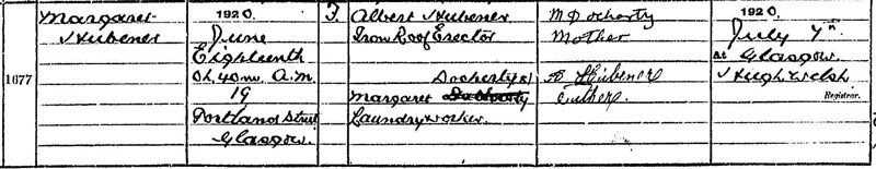 1918-06-28 BIR Margaret Hubener child of Albert Hubener + Margaret Docharty 19 Portland Street, St Rollox, Glasgow [[N505-clip]]